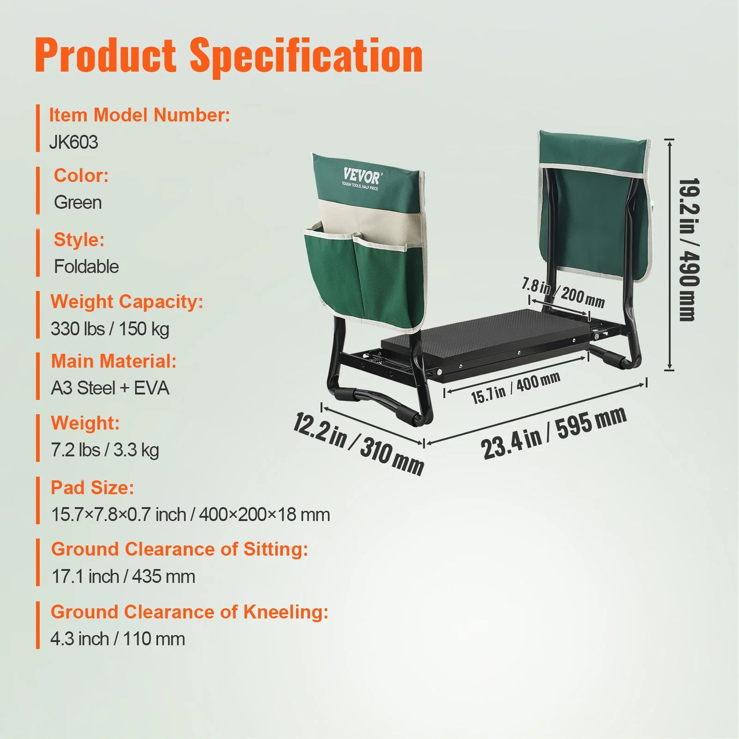 VEVOR Garden Kneeler and Seat 330 lbs Load Capacity 8/10" EVA Wide Pad Foldable Garden Stool Kneeling Bench for Gardening