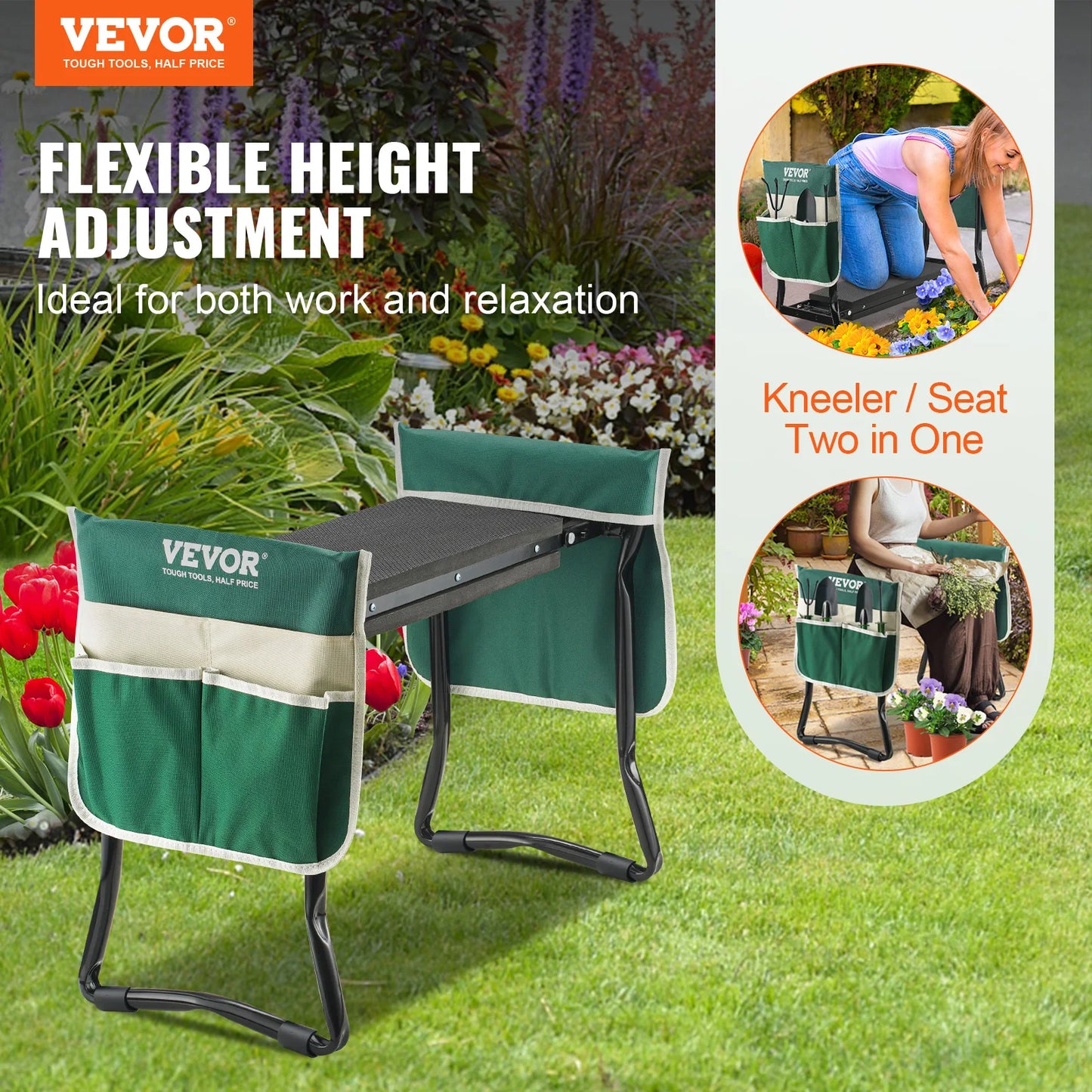 VEVOR Garden Kneeler and Seat 330 lbs Load Capacity 8/10" EVA Wide Pad Foldable Garden Stool Kneeling Bench for Gardening